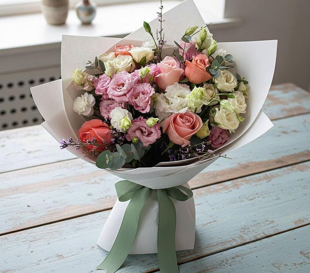 Букет цветов из: Розы, Лизиантусы и Гвоздики в Торопце