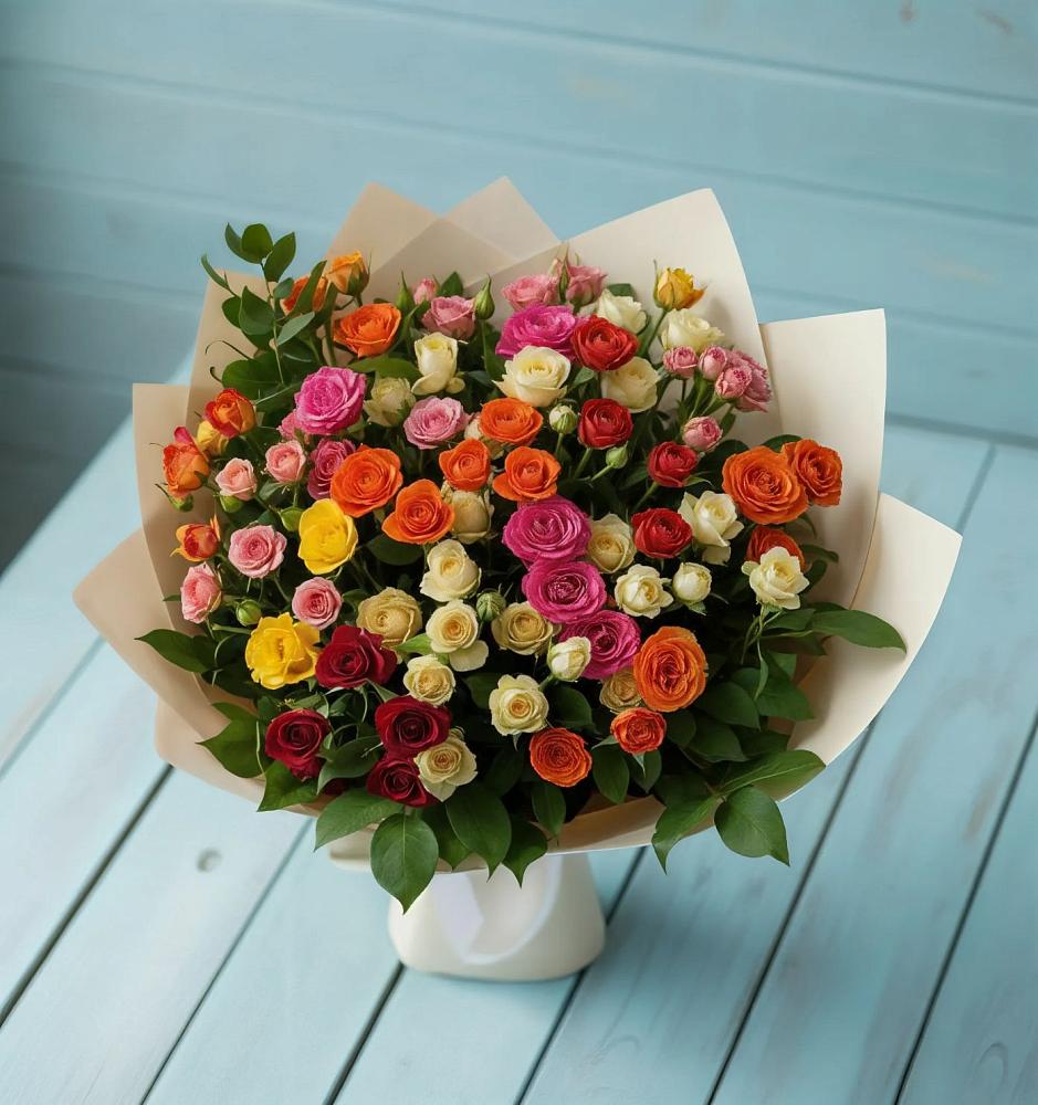 Букет Микс из разноцветных кустовых роз в Торопце